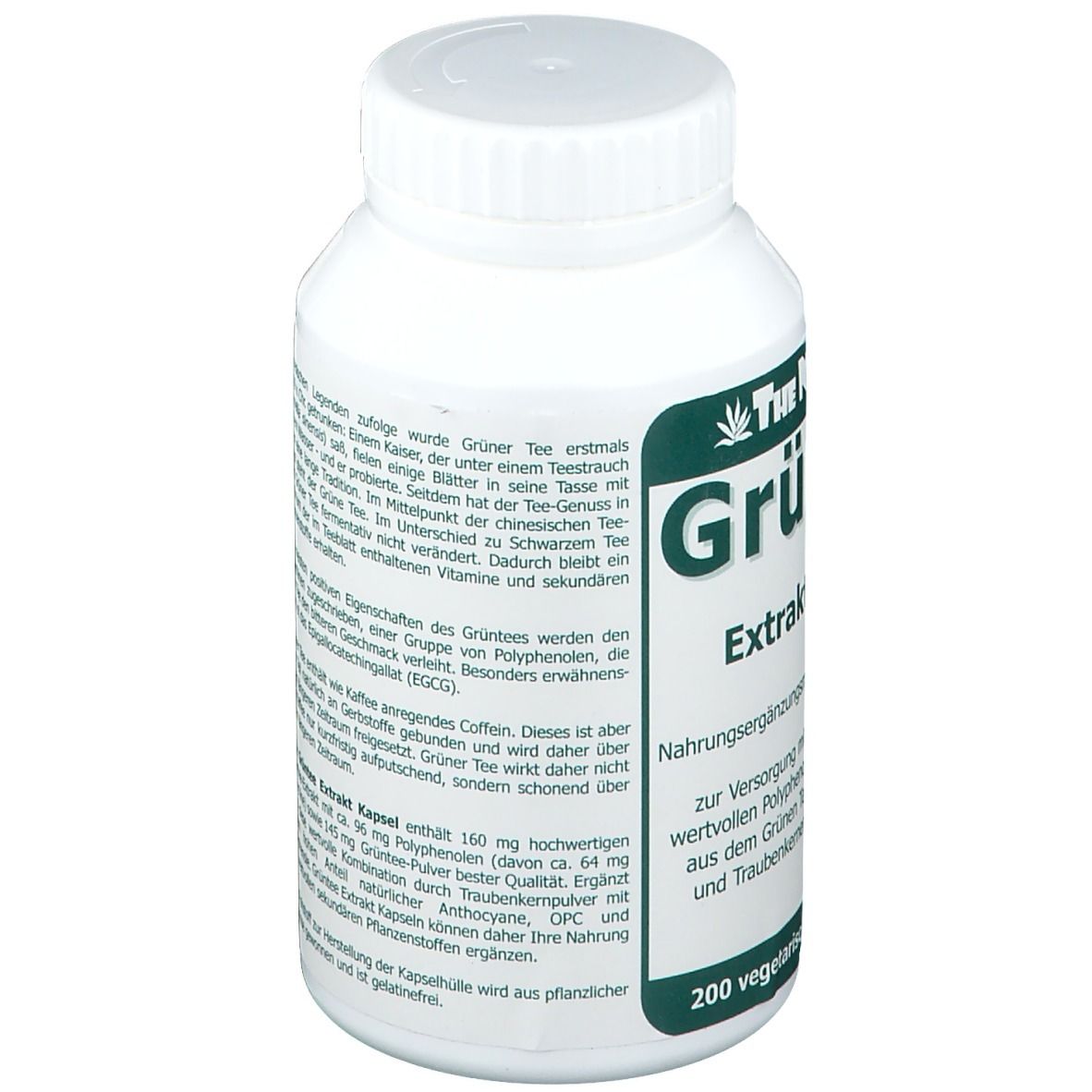 Dos du flacon blanc. Texte sur l'extrait de thé vert et les ingrédients. 200 gélules.