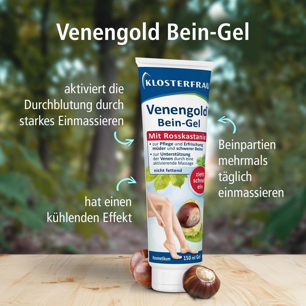 Tube avec produit. Texte: Venengold Bein-Gel. Flèches indiquant les instructions d'utilisation et les ingrédients.