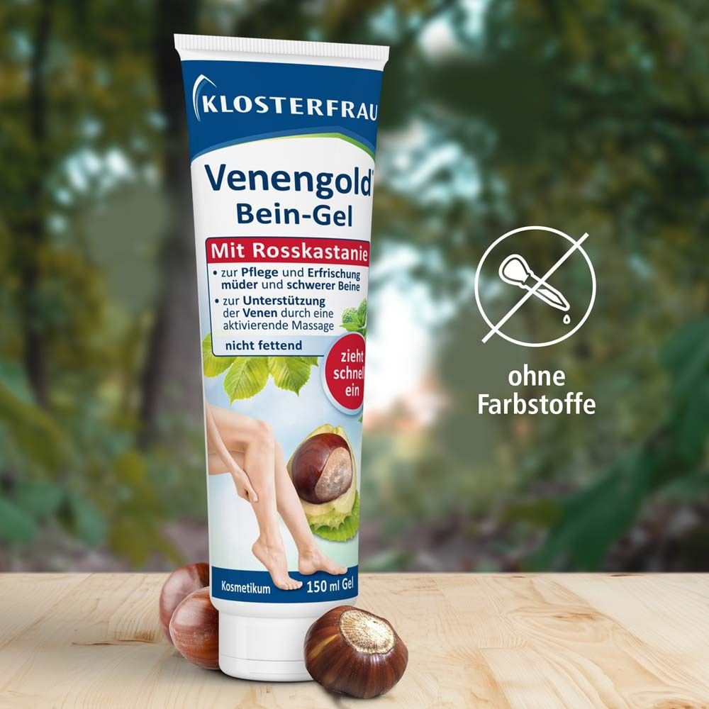 Tube avec produit et châtaignes. Texte: Venengold Bein-Gel. Sans colorants. 150 ml.