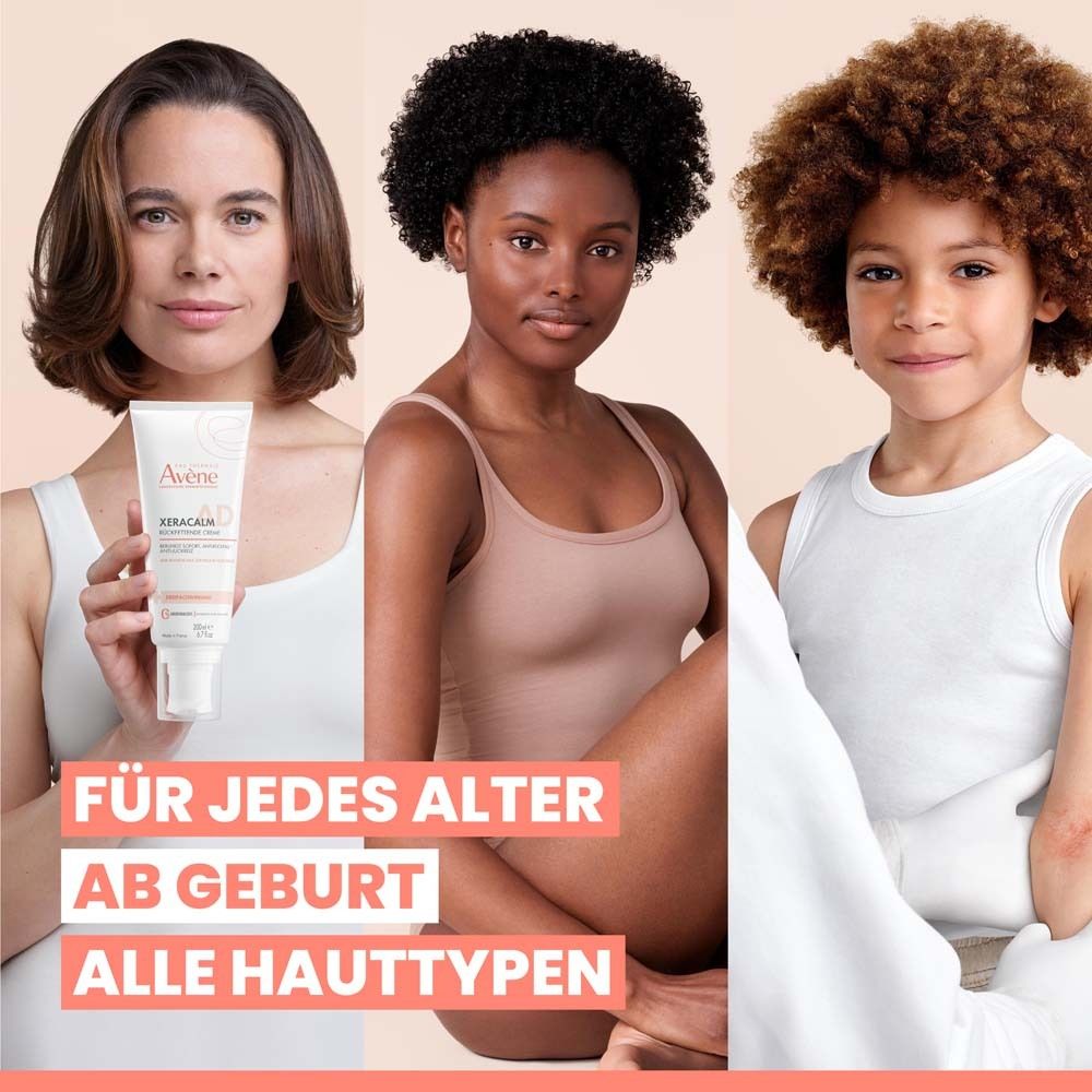 Trois personnes d'âges différents. Avène XeraCalm A.D Crème. Pour tous les âges dès la naissance, tous types de peau.