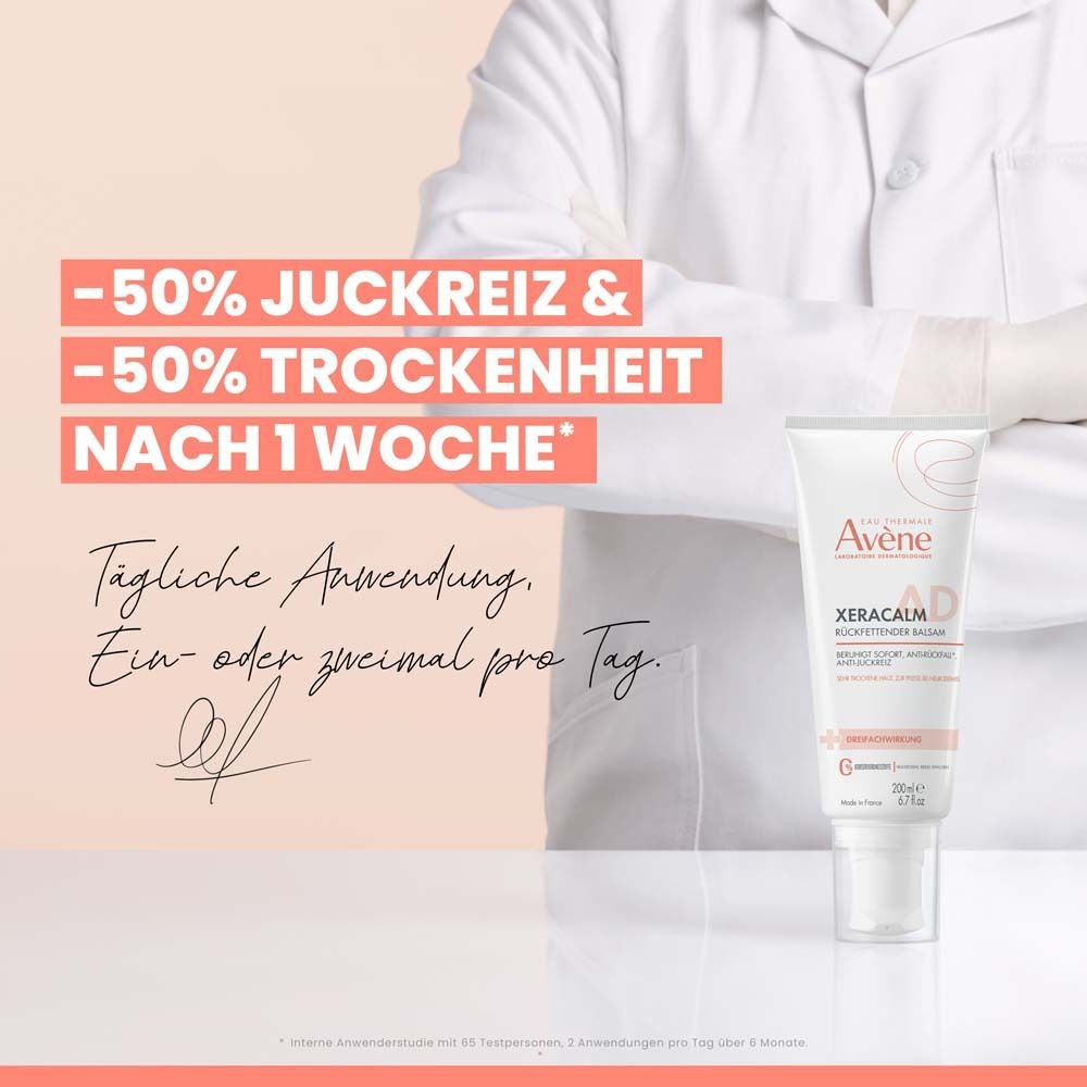 Tube Avène XeraCalm A.D. Inscription: -50% de démangeaisons et -50% de sécheresse après 1 semaine. Utilisation quotidienne.