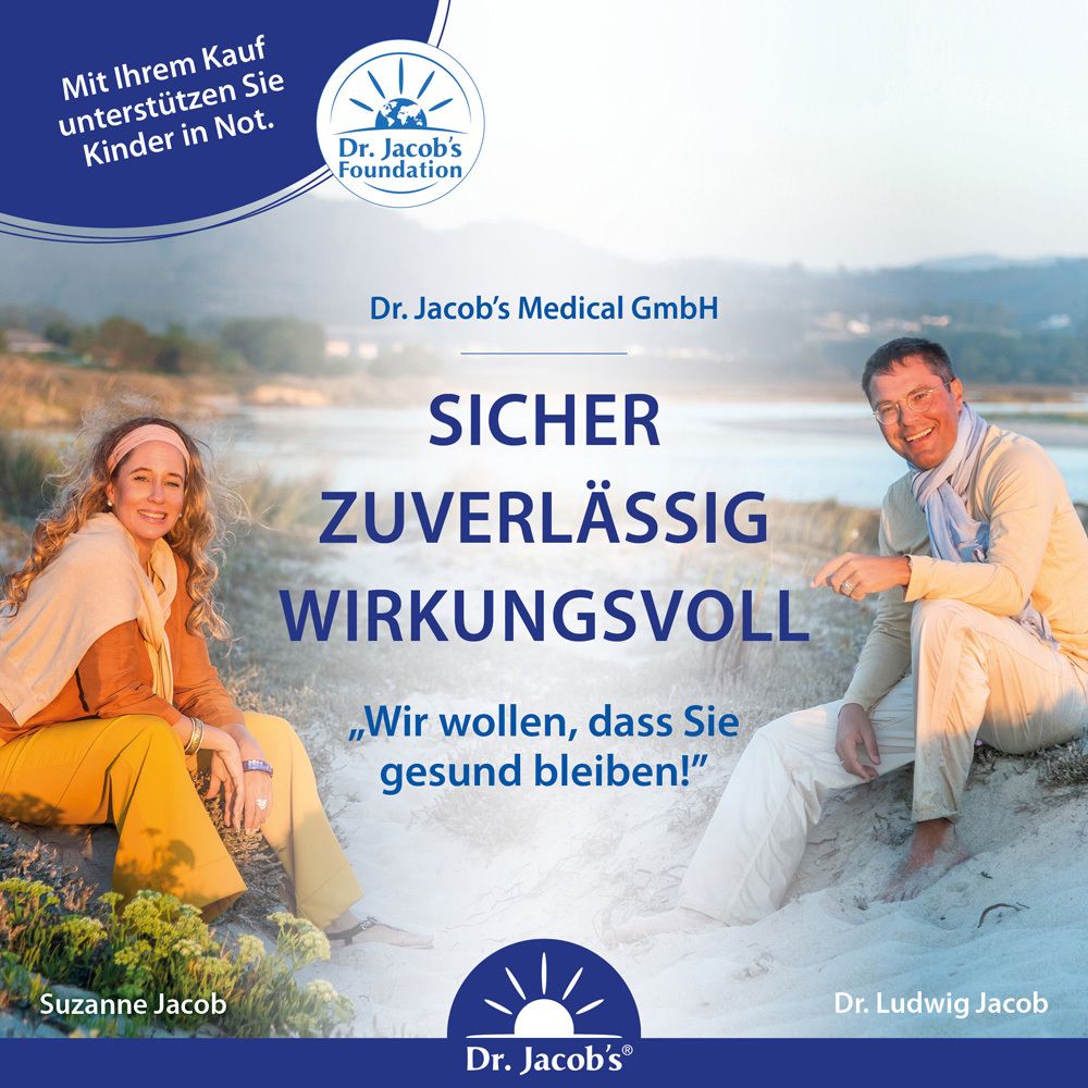 Zwei Personen sitzen im Freien. Text: Sicher, zuverlässig, wirkungsvoll. Dr. Jacob's Medical GmbH.