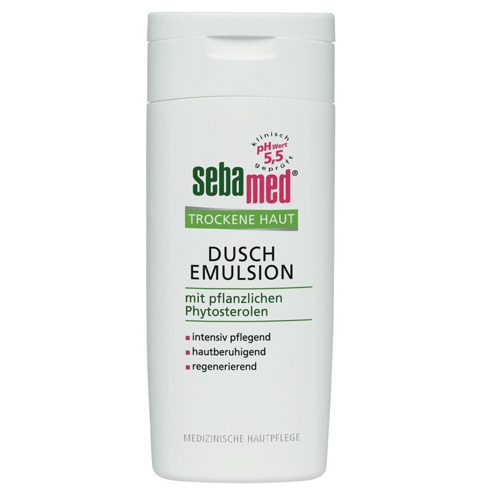 Flacon blanc de sebamed® Dusch Emulsion pour peaux sèches. Étiquette verte et rouge avec nom du produit et pH 5,5.