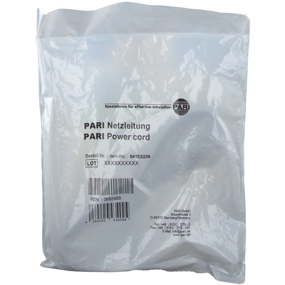 Verpackung mit PARI Netzleitung. Text: PARI Netzleitung, Power cord. Barcode und weitere Informationen.