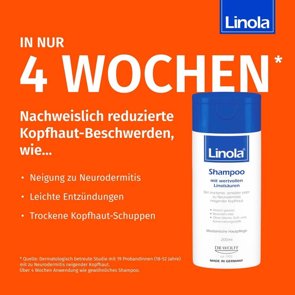 Linola Shampoo Flasche. Text: In nur 4 Wochen reduzierte Kopfhaut-Beschwerden. Für Neurodermitis, leichte Entzündungen, Schuppen.