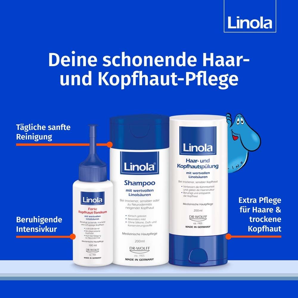 Drei Linola Produkte: Shampoo, Intensivkur, Haar- und Kopfhautspülung. Text: Deine schonende Haar- und Kopfhaut-Pflege.