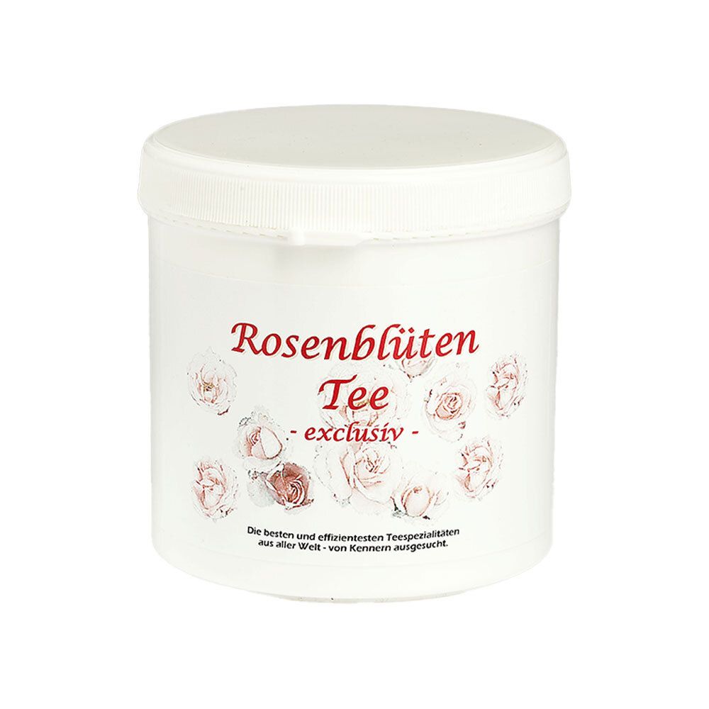 Weißer Tiegel mit Rosenblüten Tee Aufschrift und Rosenabbildungen.
