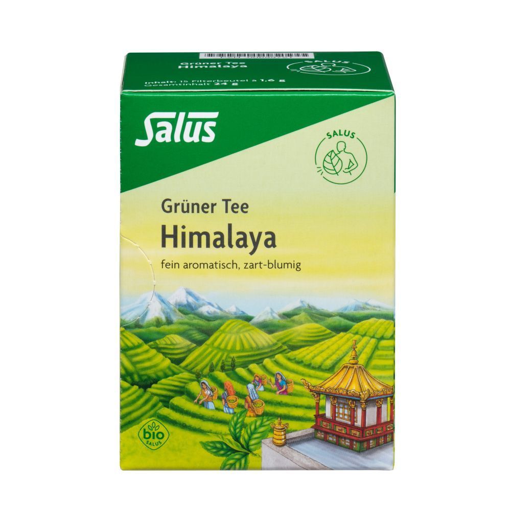 Salus® Thé vert Himalaya. Emballage vert. Impression avec nom et logo du produit. Représentation de paysage.