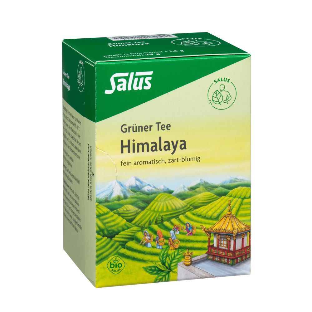 Salus® Thé vert Himalaya. Emballage vert. Impression avec nom et logo du produit. Représentation de paysage.
