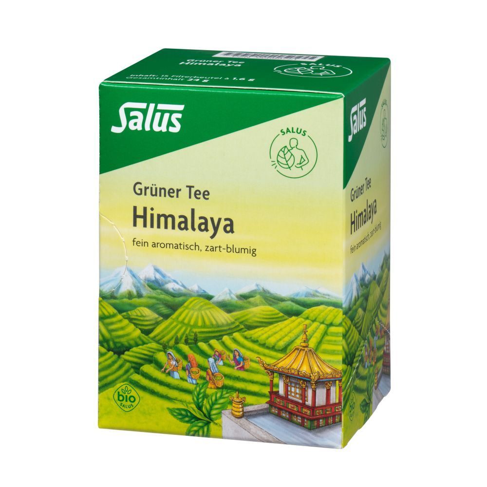 Salus® Thé vert Himalaya. Emballage vert. Impression avec nom et logo du produit. Représentation de paysage.