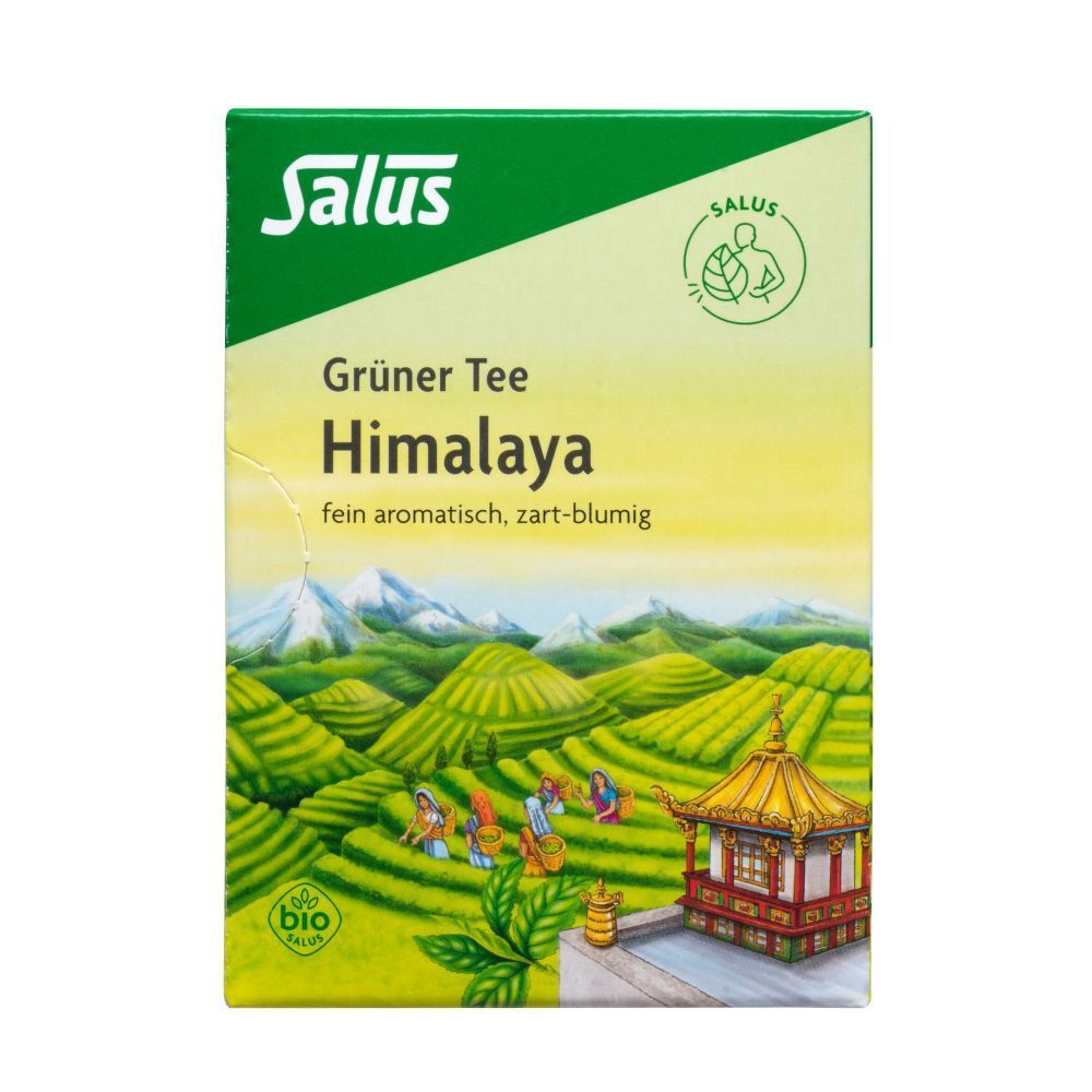 Salus® Thé vert Himalaya. Emballage vert. Impression avec nom et logo du produit. Représentation de paysage.