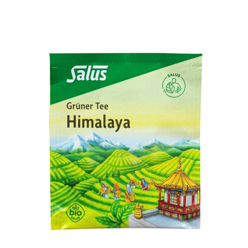 Salus® Thé vert Himalaya. Emballage vert. Impression avec nom et logo du produit. Représentation de paysage.