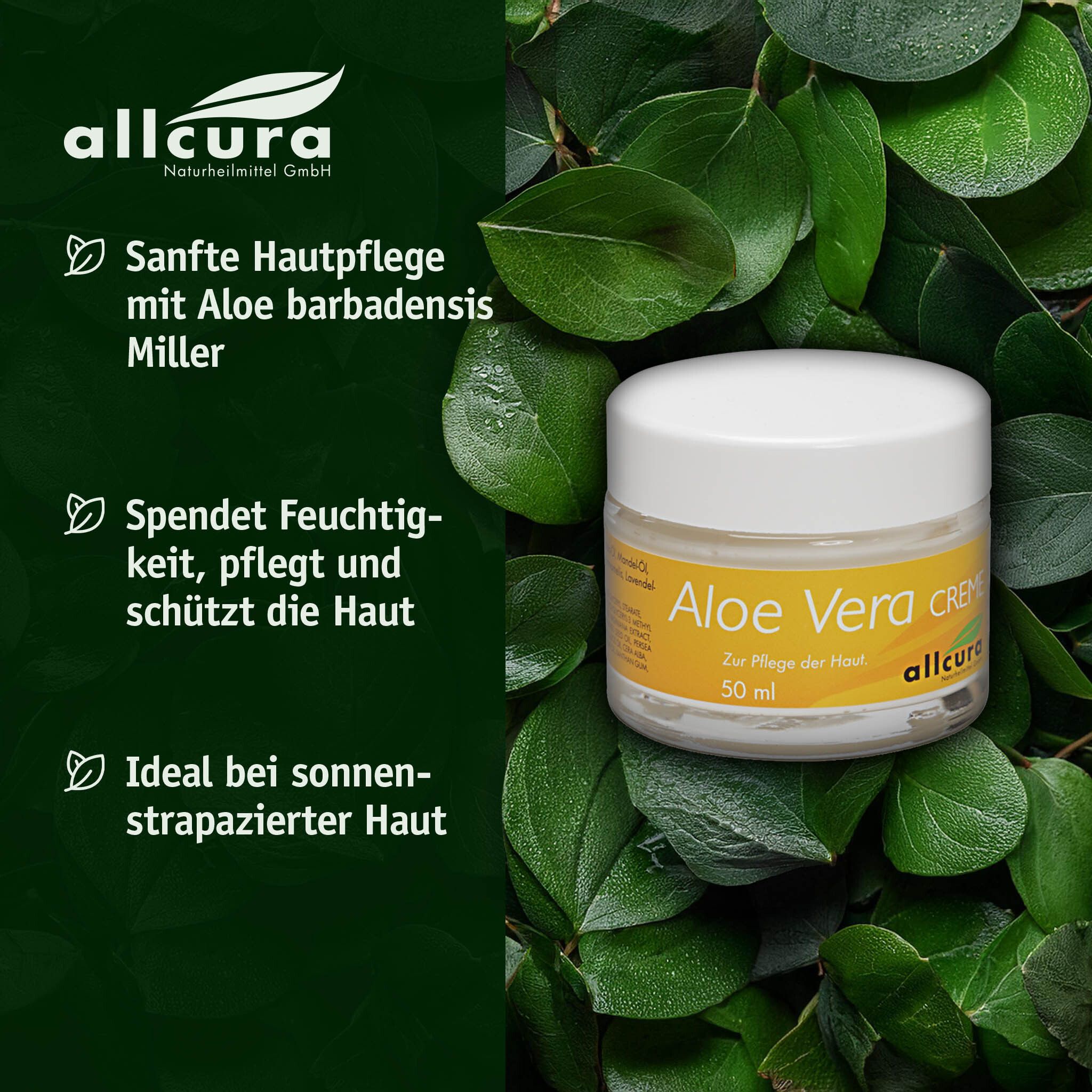 Pot de crème Aloe Vera sur fond vert. Texte: Soin doux de la peau, hydrate, idéal pour la peau brûlée par le soleil.