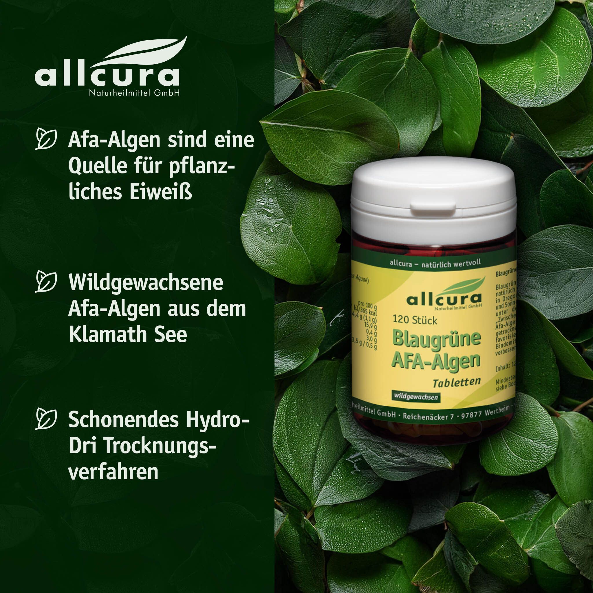 Boîte blanche entourée de feuilles vertes. Inscription: Blaugrüne AFA-Algen, 120 comprimés. Marque: allcura.