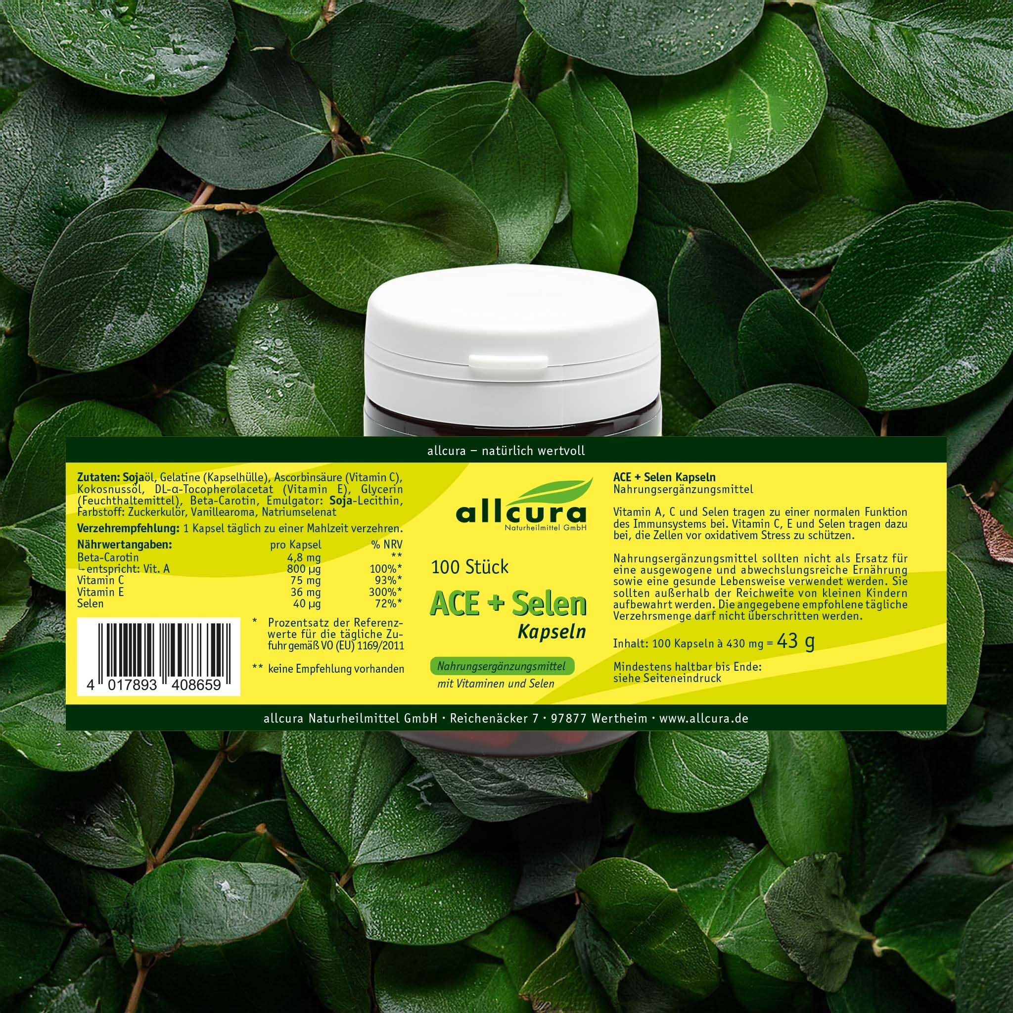 Boîte verte foncée avec couvercle blanc. Inscription : allcura ACE + Selen Kapseln, 100 pièces. Dos avec informations.