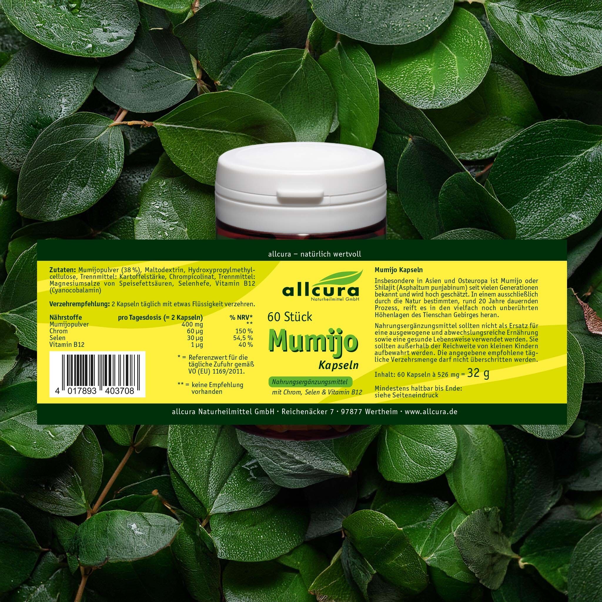 Fond vert avec feuilles. Pilulier avec étiquette jaune. Inscription : allcura Mumijo Kapseln, 60 pièces.