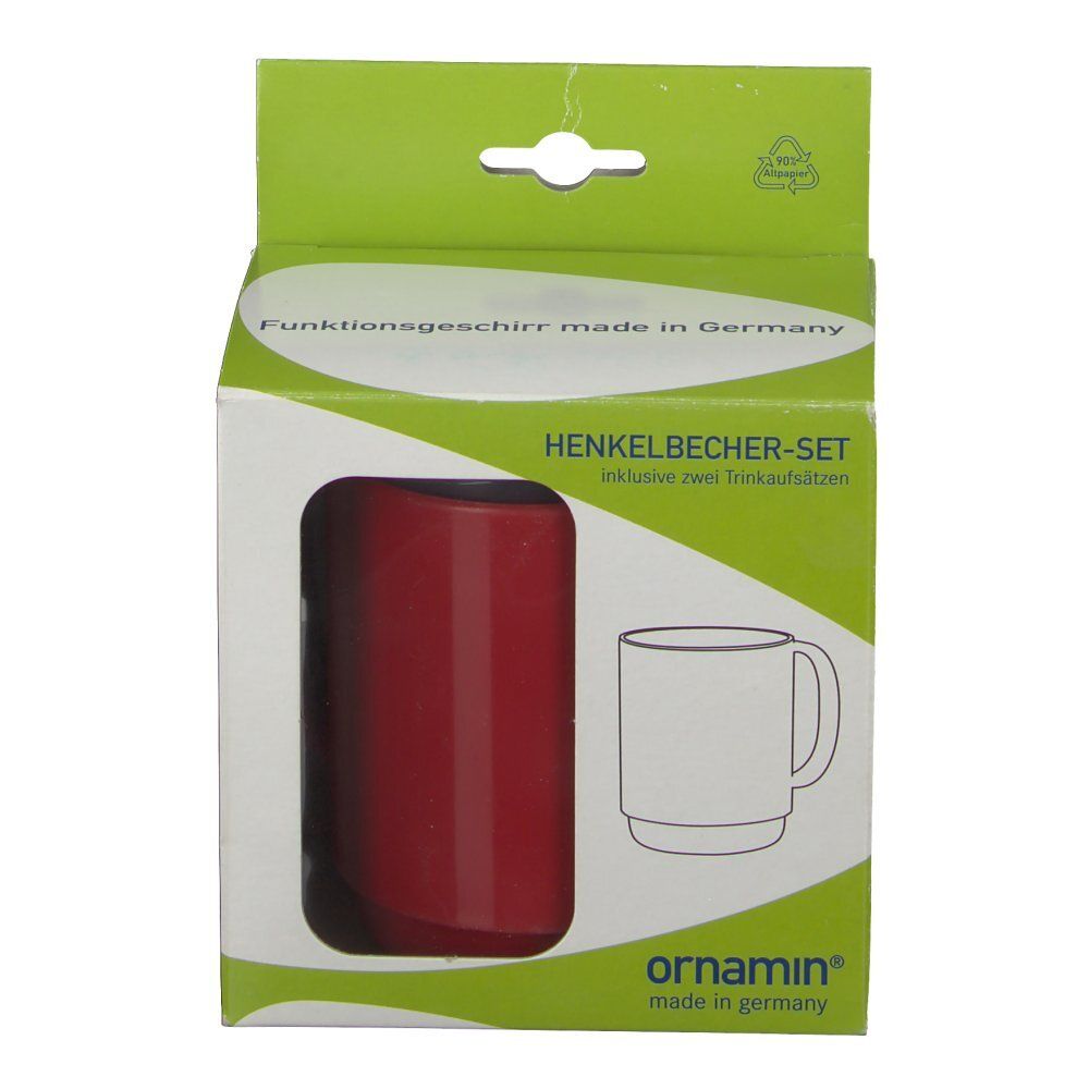 Emballage du set de tasses à anse ornamin®. Tasse rouge dans une boîte. Impression : Henkelbecher-Set, ornamin®.