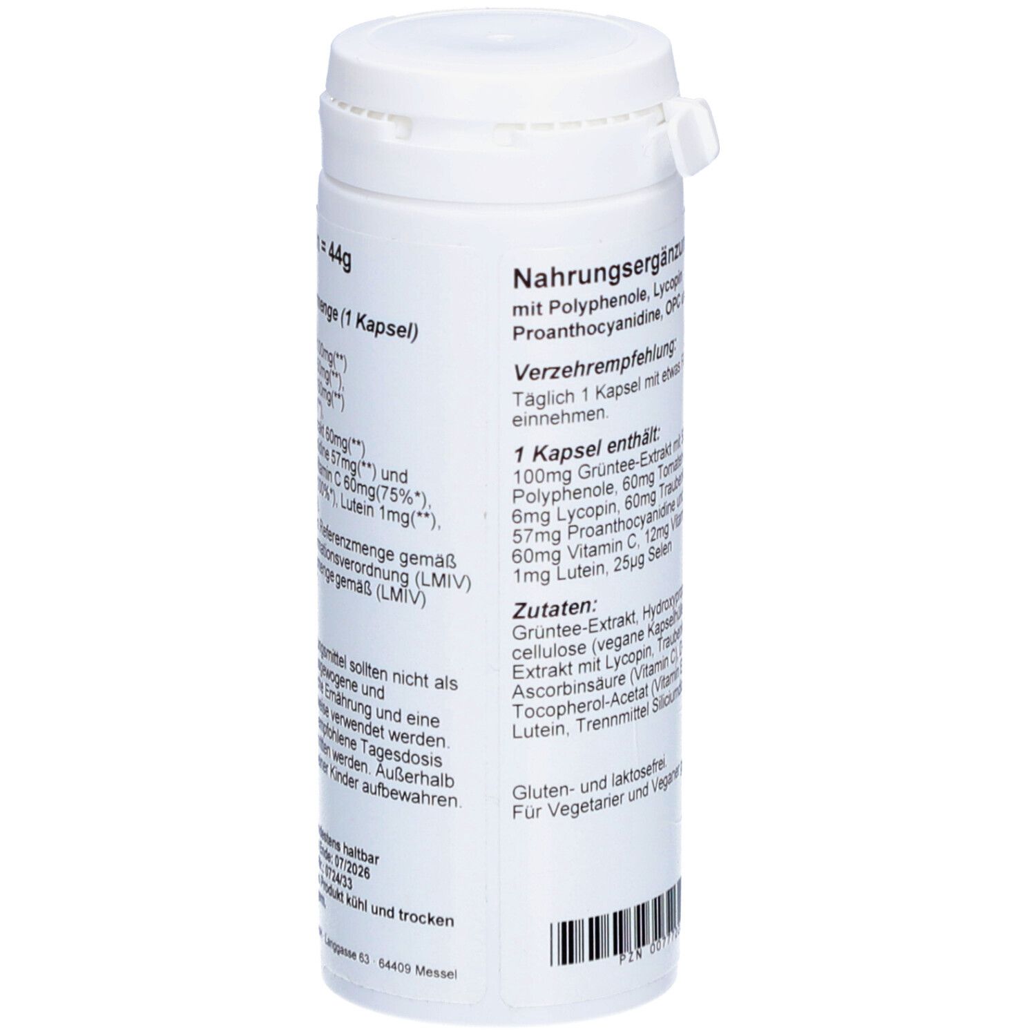 Weiße Dose mit Deckel. Text: Nahrungsergänzungsmittel, Tagesverzehrmenge, Inhaltsstoffe. Rückseite mit Text in deutscher Sprache.