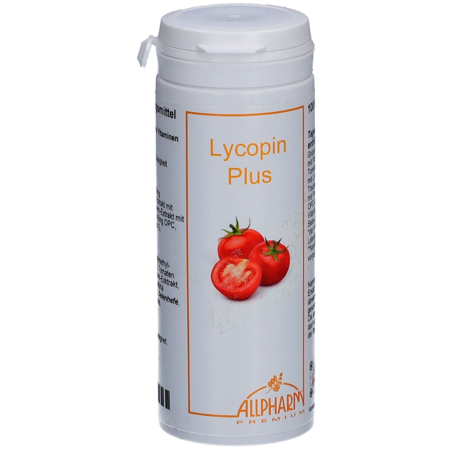 Weiße Dose mit Deckel. Aufdruck: Lycopin Plus, Tomaten-Abbildung, Allpharm Premium Logo. Text in Orange.