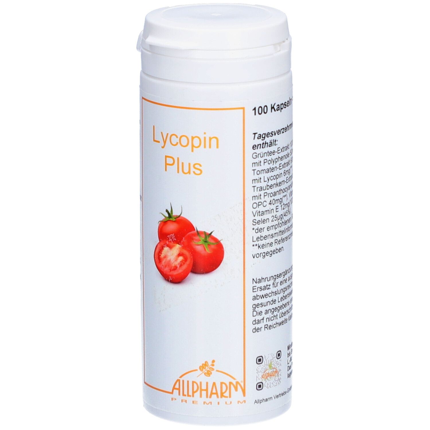 Weiße Dose mit Deckel. Aufdruck: Lycopin Plus, Tomaten-Abbildung, Allpharm Premium Logo. Text in Orange. 100 Kapseln.