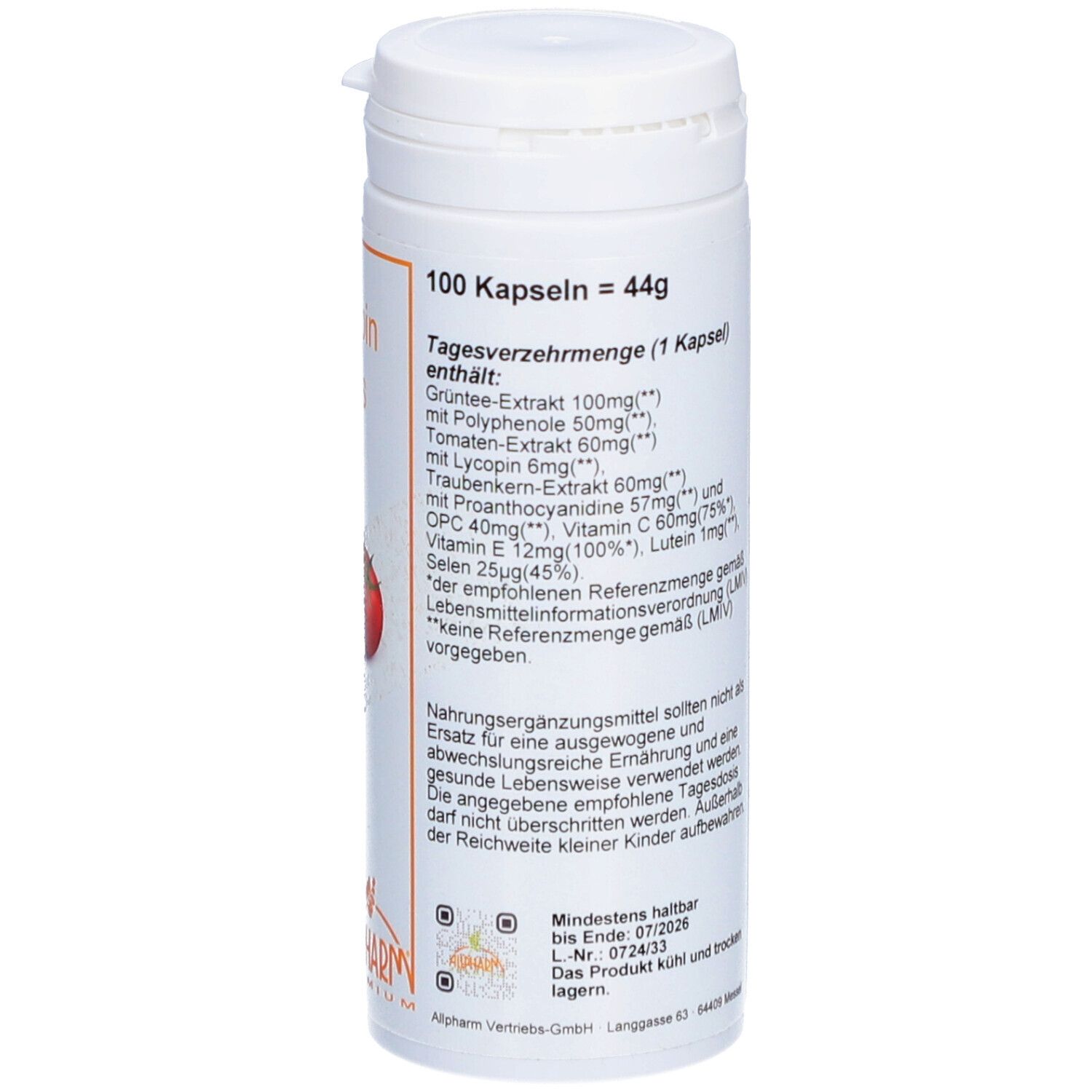 Weiße Dose mit Deckel. Text: 100 Kapseln = 44g. Text in deutscher Sprache. Rückseite mit Text und Logo.