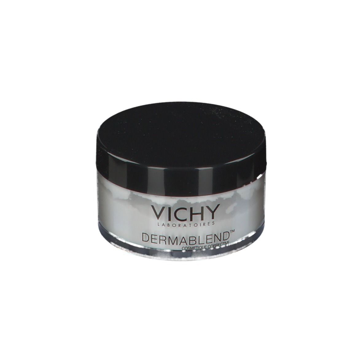 Vichy Dermablend Fixierpuder-Dose. Schwarzer Deckel, transparente Dose, weißes Puder. Vichy und Dermablend-Logo.