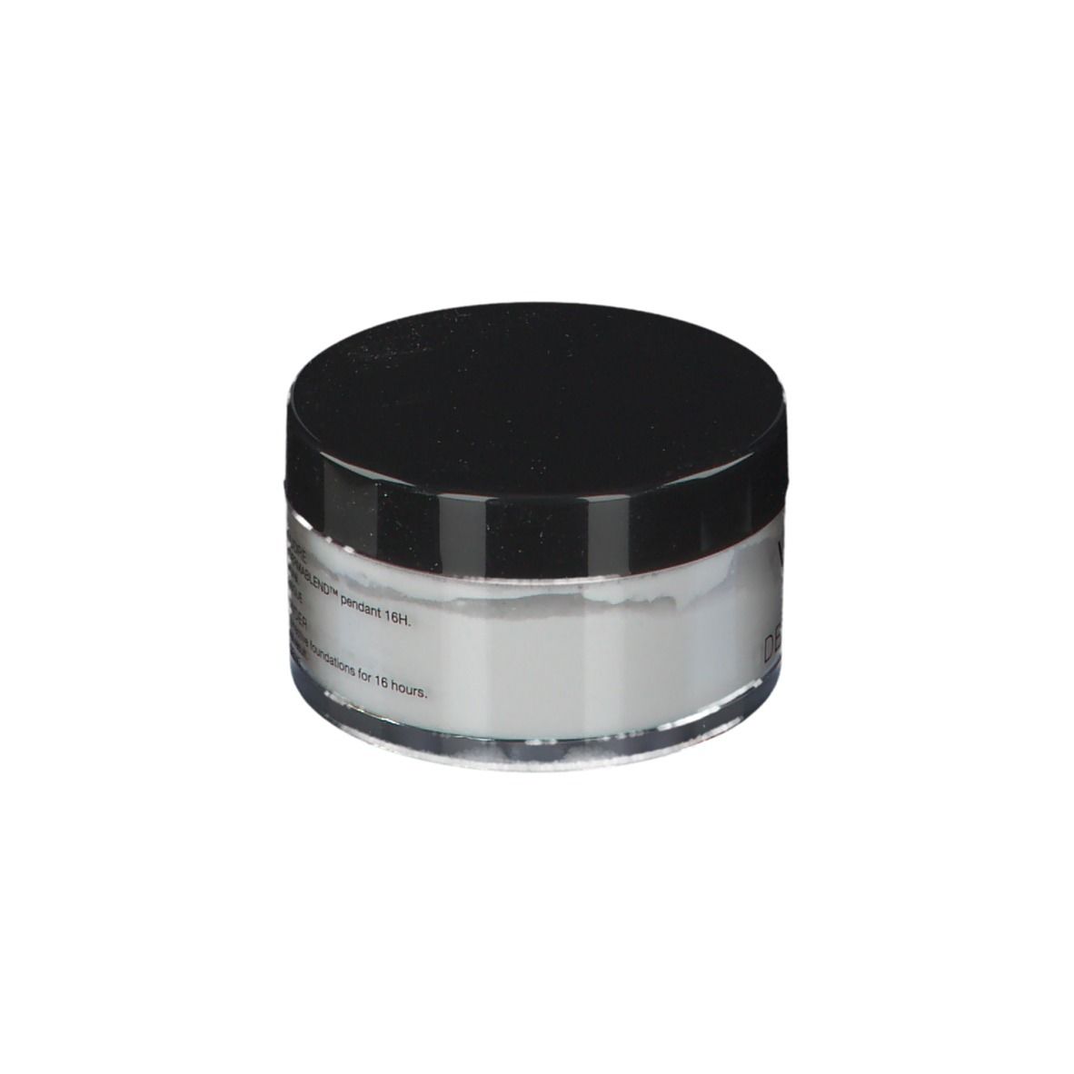Vichy Dermablend Fixierpuder-Dose. Schwarzer Deckel, transparente Dose, weißes Puder. Text auf der Dose.