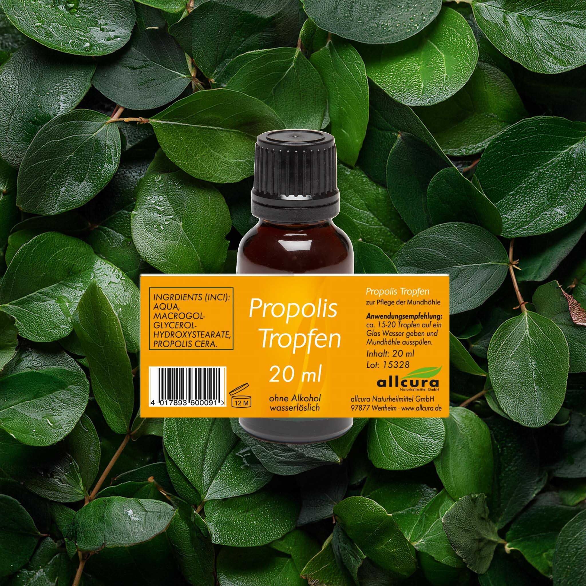 Produktflasche mit Etikett vor grünem Hintergrund. Etikett mit Produktname, Volumen, Inhaltsstoffen und Anwendungshinweis.