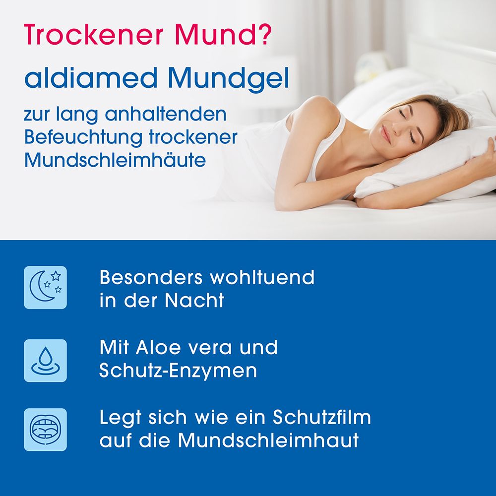 Femme au lit avec aldiamed Mundgel, pour hydratation intensive.