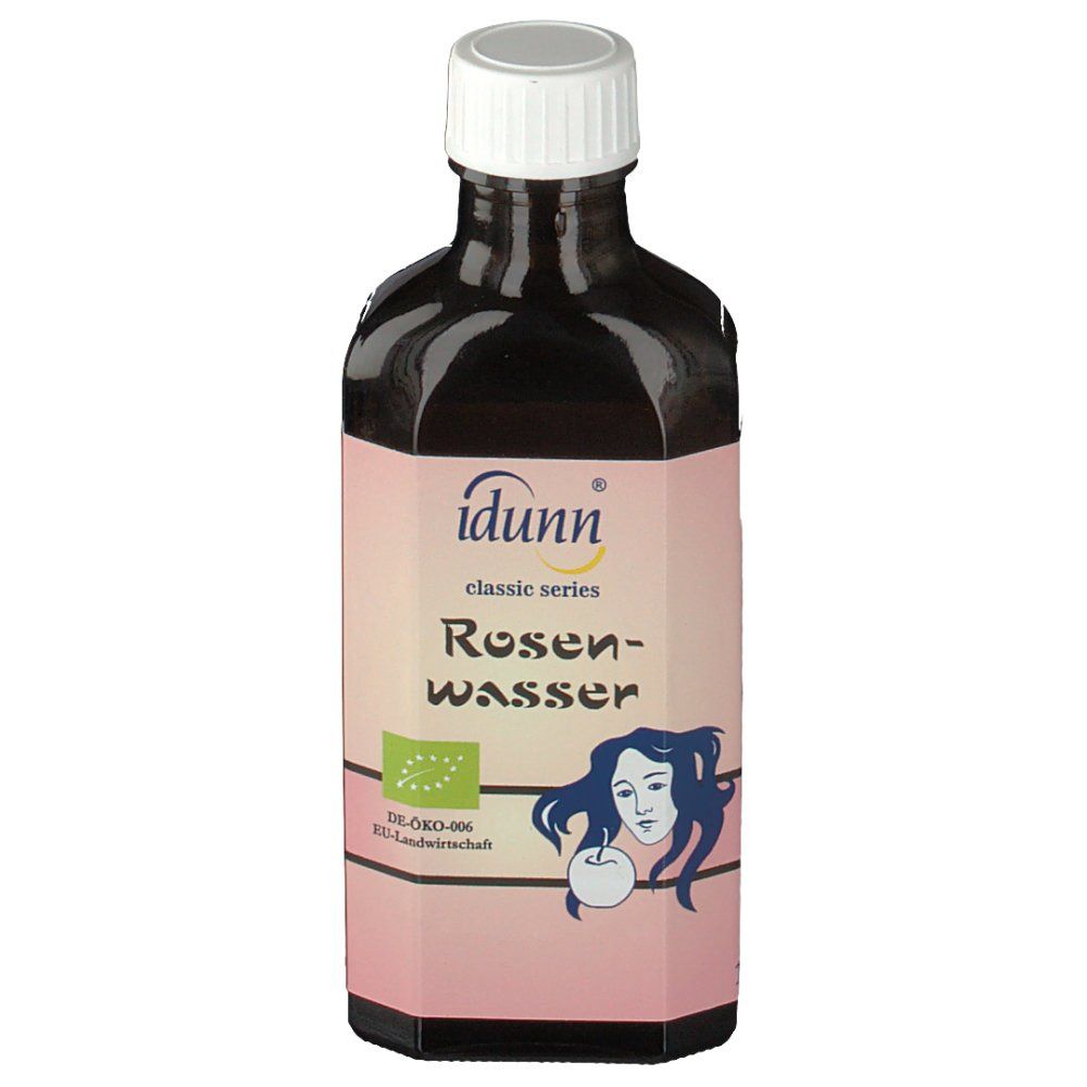 Braune Glasflasche mit weißem Verschluss. Etikett mit idunn® Logo, Text: Rosenwasser, Bio-Siegel und Frauengesicht.