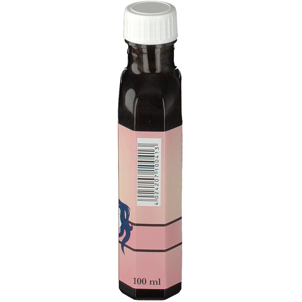 Braune Glasflasche mit weißem Verschluss. Etikett mit Barcode und Text: 100 ml.