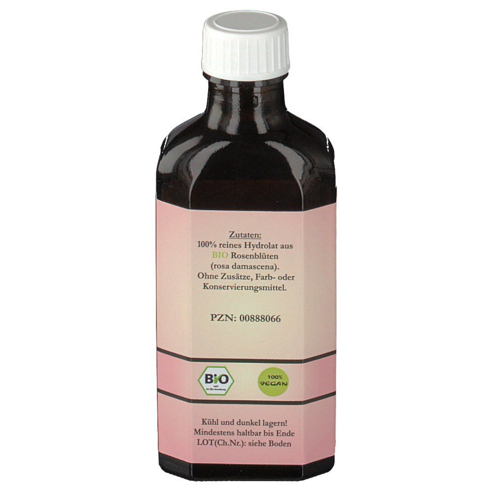 Braune Glasflasche mit weißem Verschluss. Etikett mit Text: Zutaten, Bio-Siegel, Vegan-Siegel und PZN-Nummer.