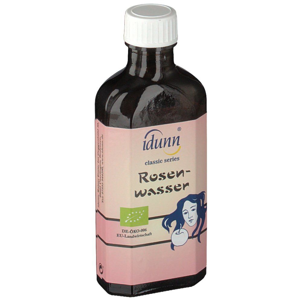 Braune Glasflasche mit weißem Verschluss. Etikett mit idunn® Logo, Text: Rosenwasser, Bio-Siegel und Frauengesicht.