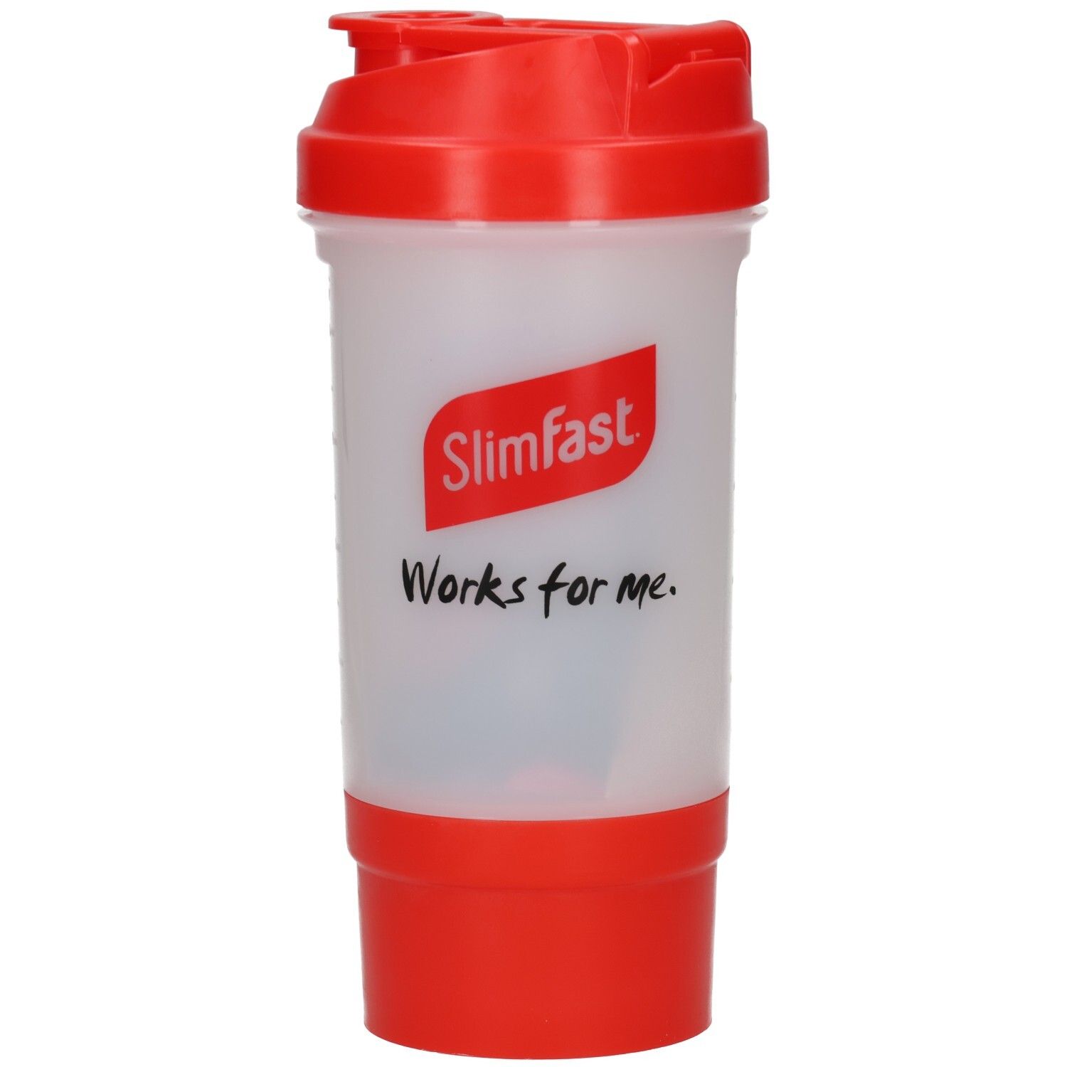 Shaker avec couvercle et base rouges. Inscription : Slimfast, Works for me.