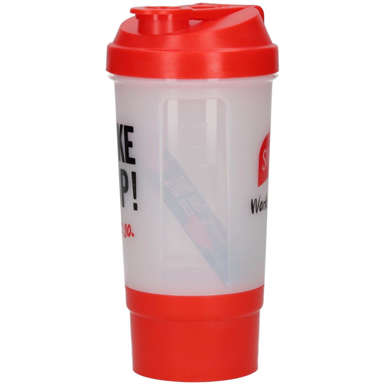 Shaker avec couvercle et base rouges. Inscription : Shake it up! et Slimfast.