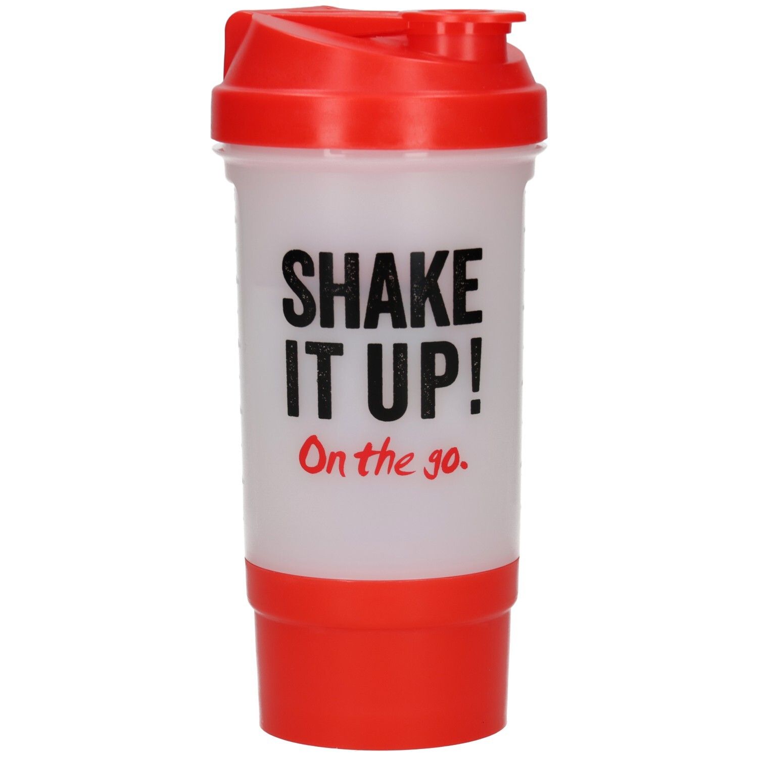 Shaker avec couvercle et base rouges. Inscription : Shake it up! On the go.