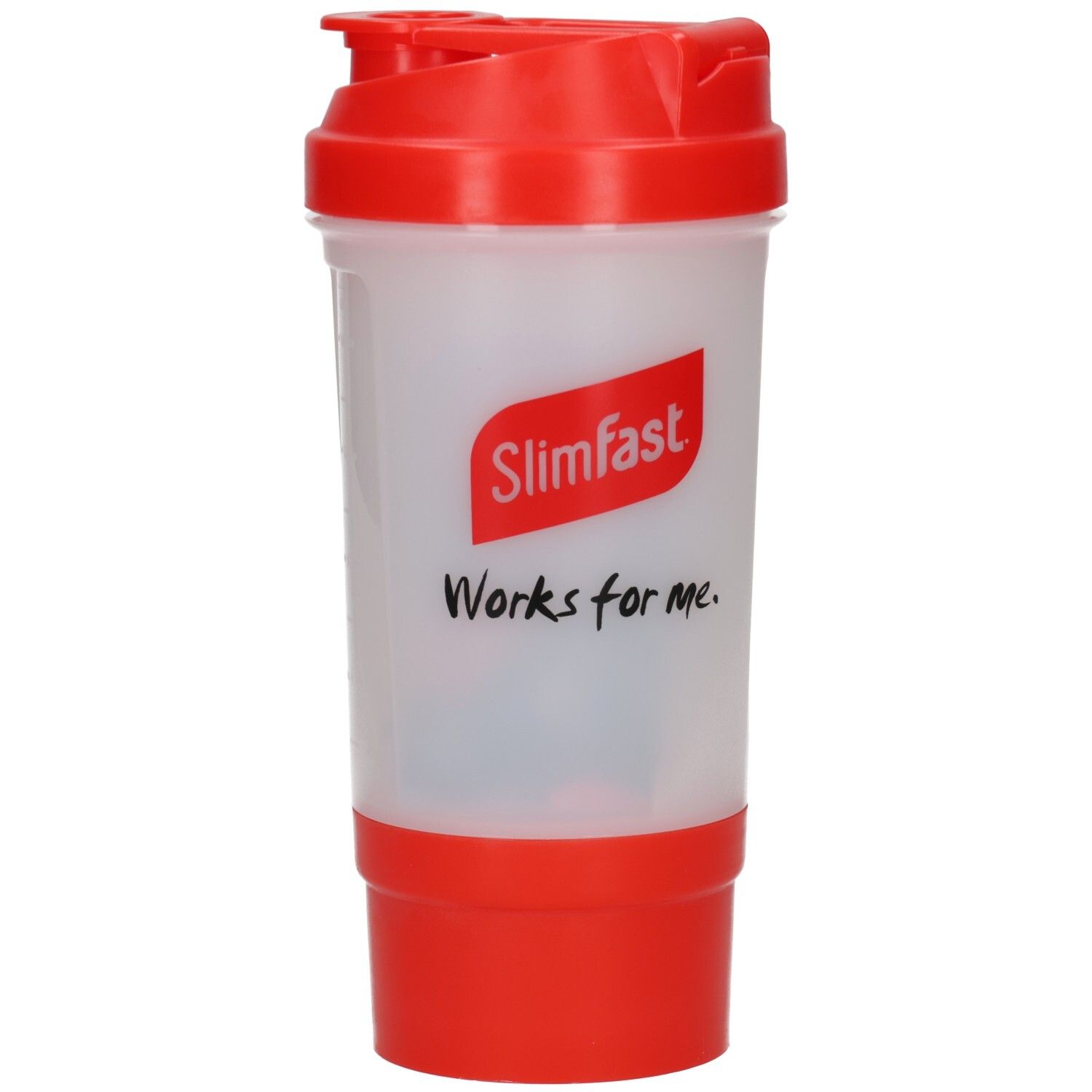 Shaker avec couvercle et base rouges. Inscription : Slimfast, Works for me.