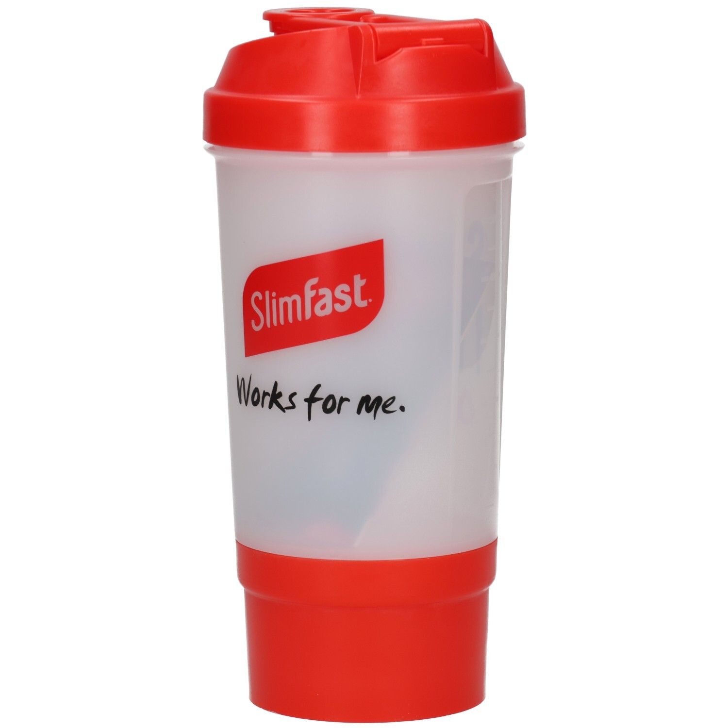 Shaker avec couvercle et base rouges. Inscription : Slimfast, Works for me.