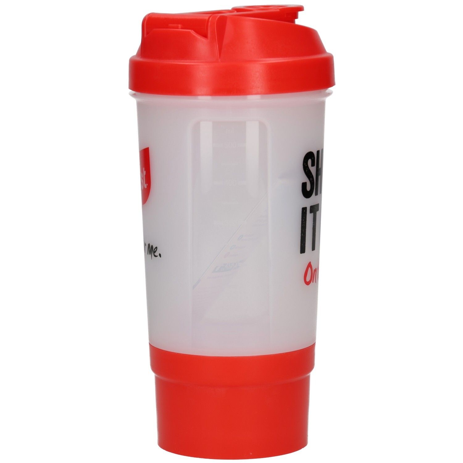 Shaker avec couvercle et base rouges. Inscription : Shake it up! On the go.