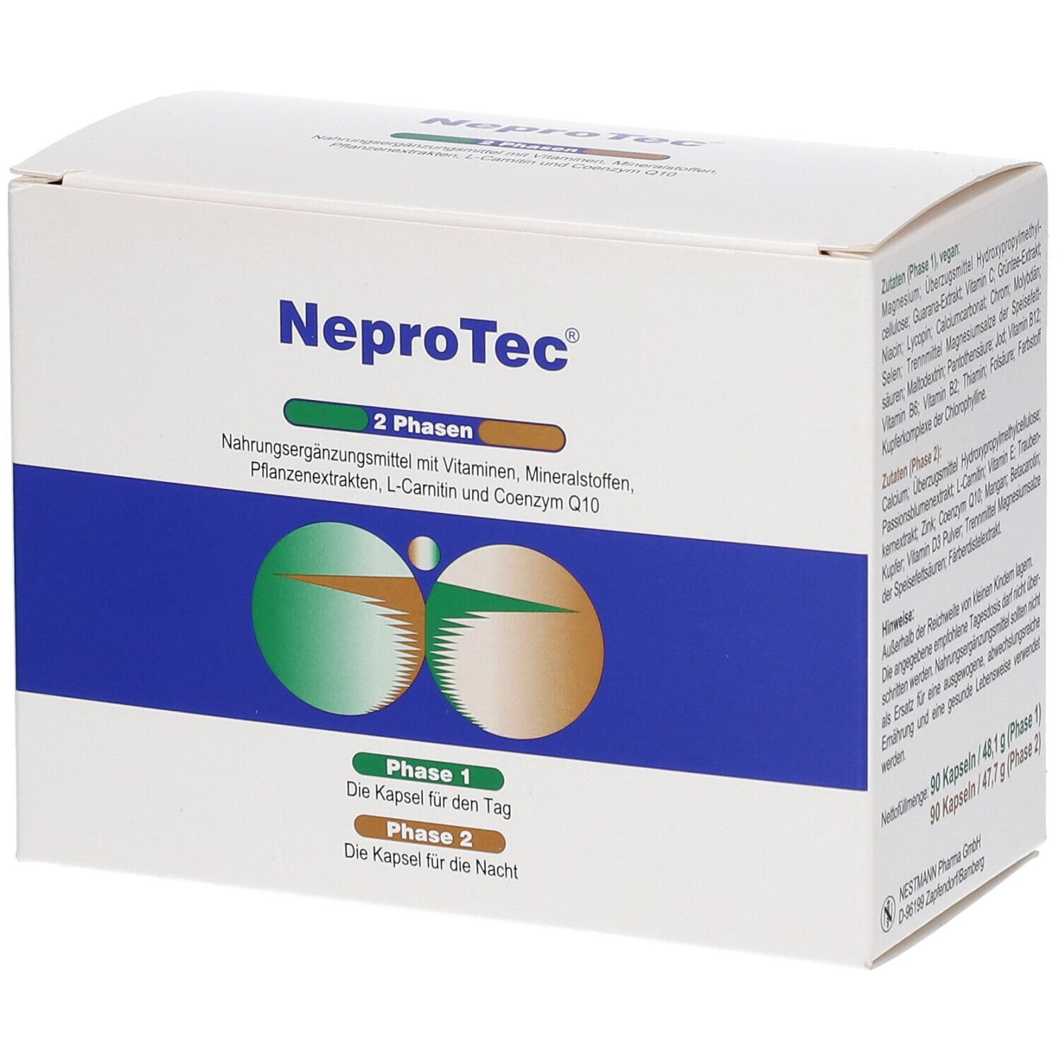 Boîte blanche avec bande bleue. Inscription "NeproTec" et "2 phases". Images de gélules. Texte : "Phase 1" et "Phase 2".