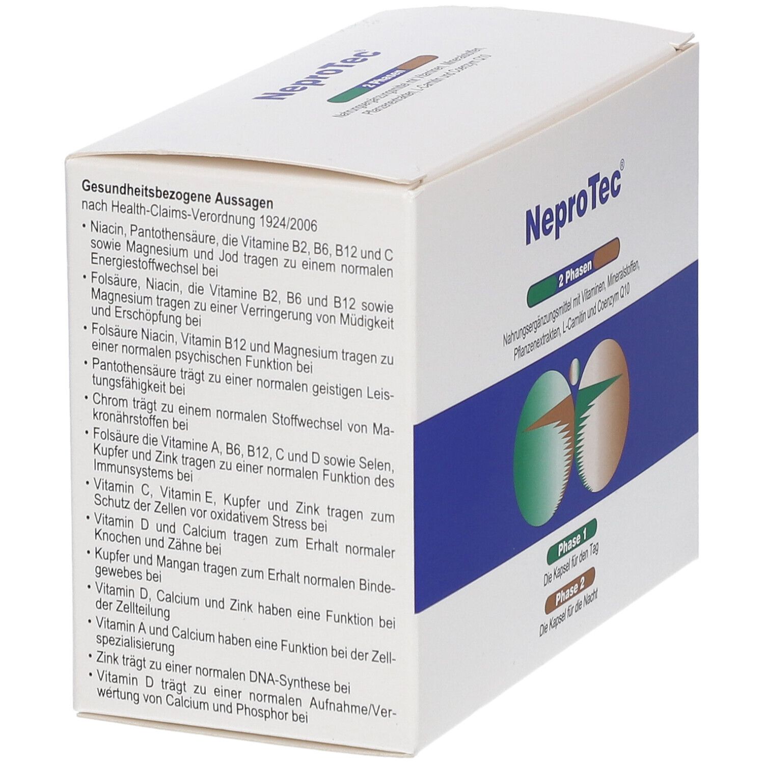 Boîte blanche avec zone bleue. Texte : Allégations de santé. Inscription "NeproTec" et "2 phases". Images de gélules.