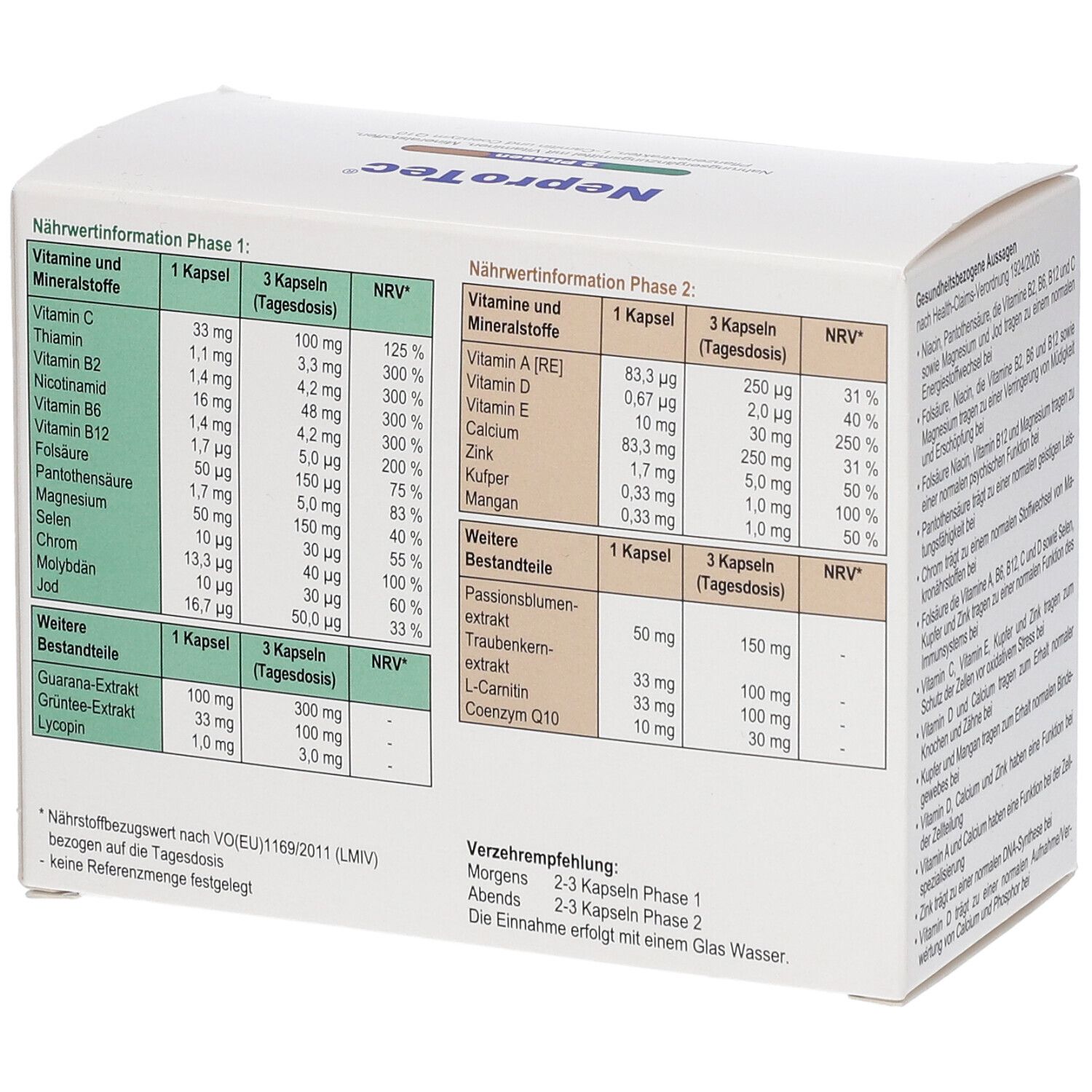 Boîte blanche avec tableaux. Informations nutritionnelles pour les phases 1 et 2. Liste des vitamines, minéraux et autres ingrédients.