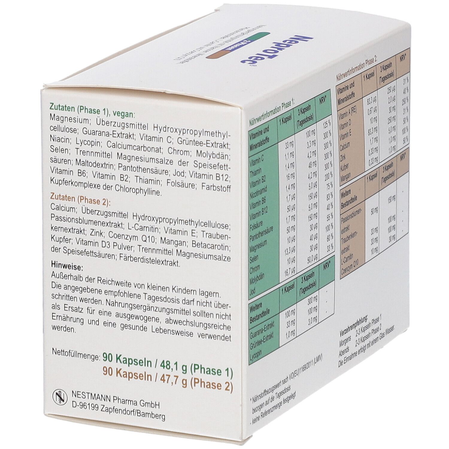 Boîte blanche avec tableaux. Liste des ingrédients pour les phases 1 et 2. Texte : Poids net 90 gélules.