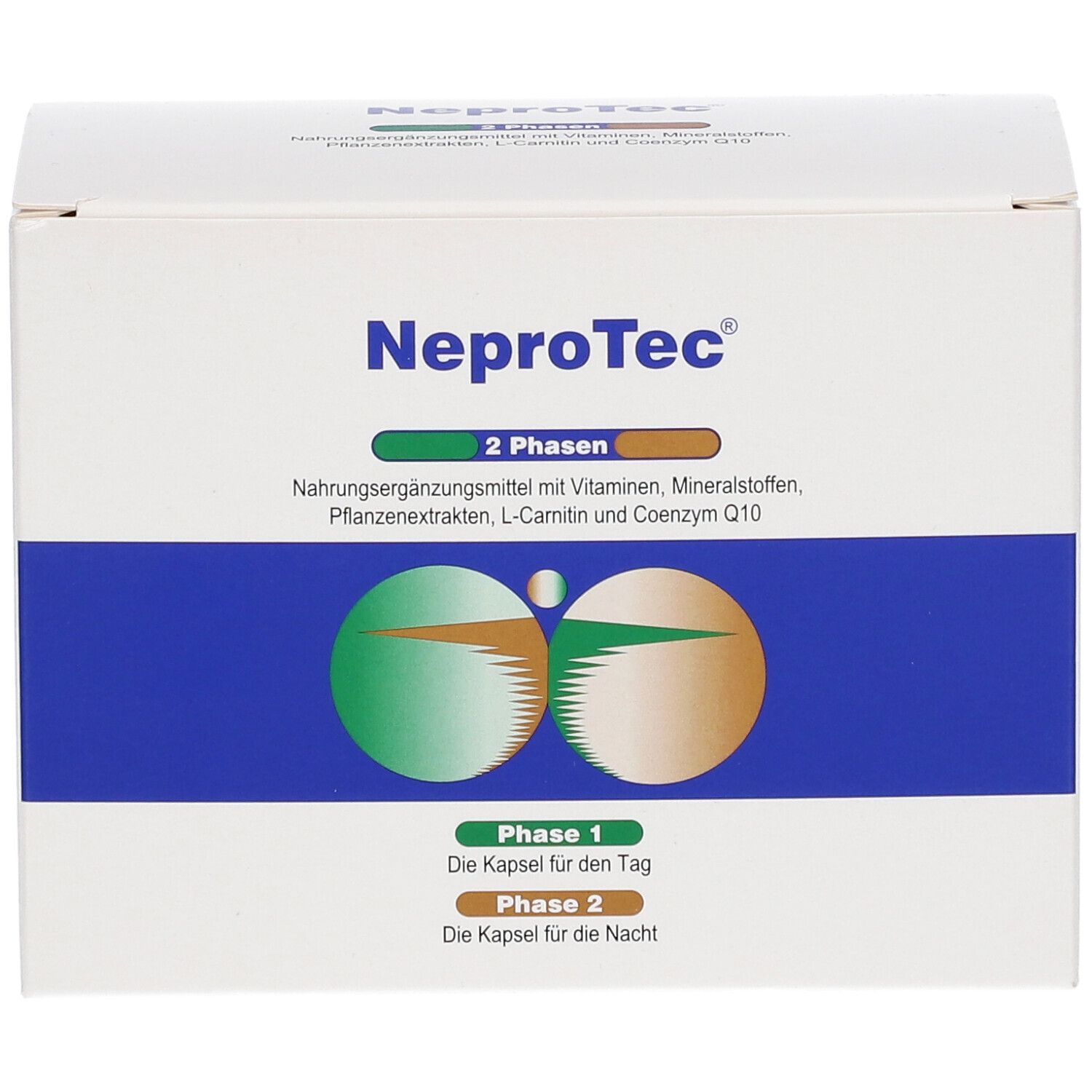 Boîte blanche avec bande bleue. Inscription "NeproTec" et "2 phases". Images de gélules. Texte : "Phase 1" et "Phase 2".