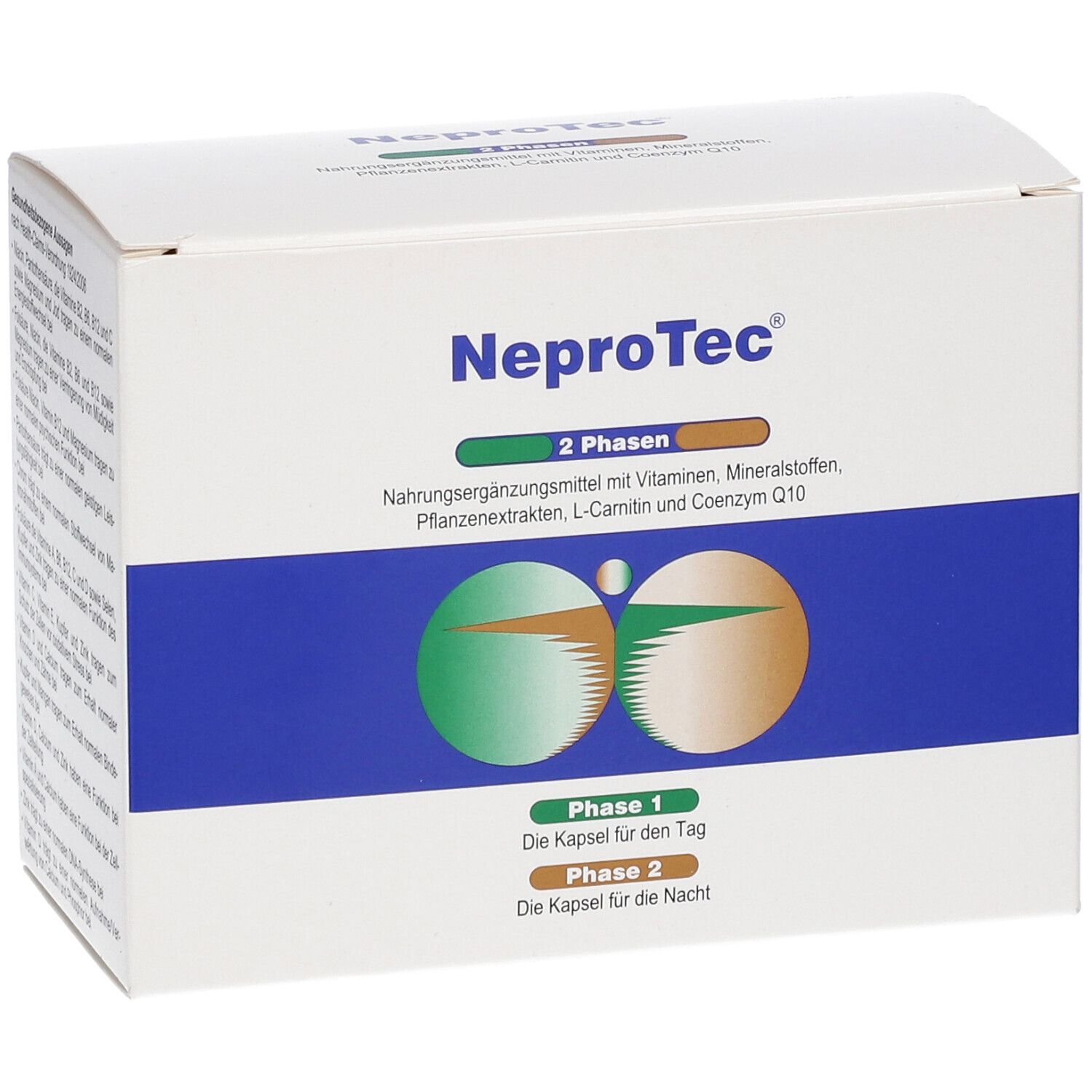 Boîte blanche avec bande bleue. Inscription "NeproTec" et "2 phases". Images de gélules. Texte : "Phase 1" et "Phase 2".