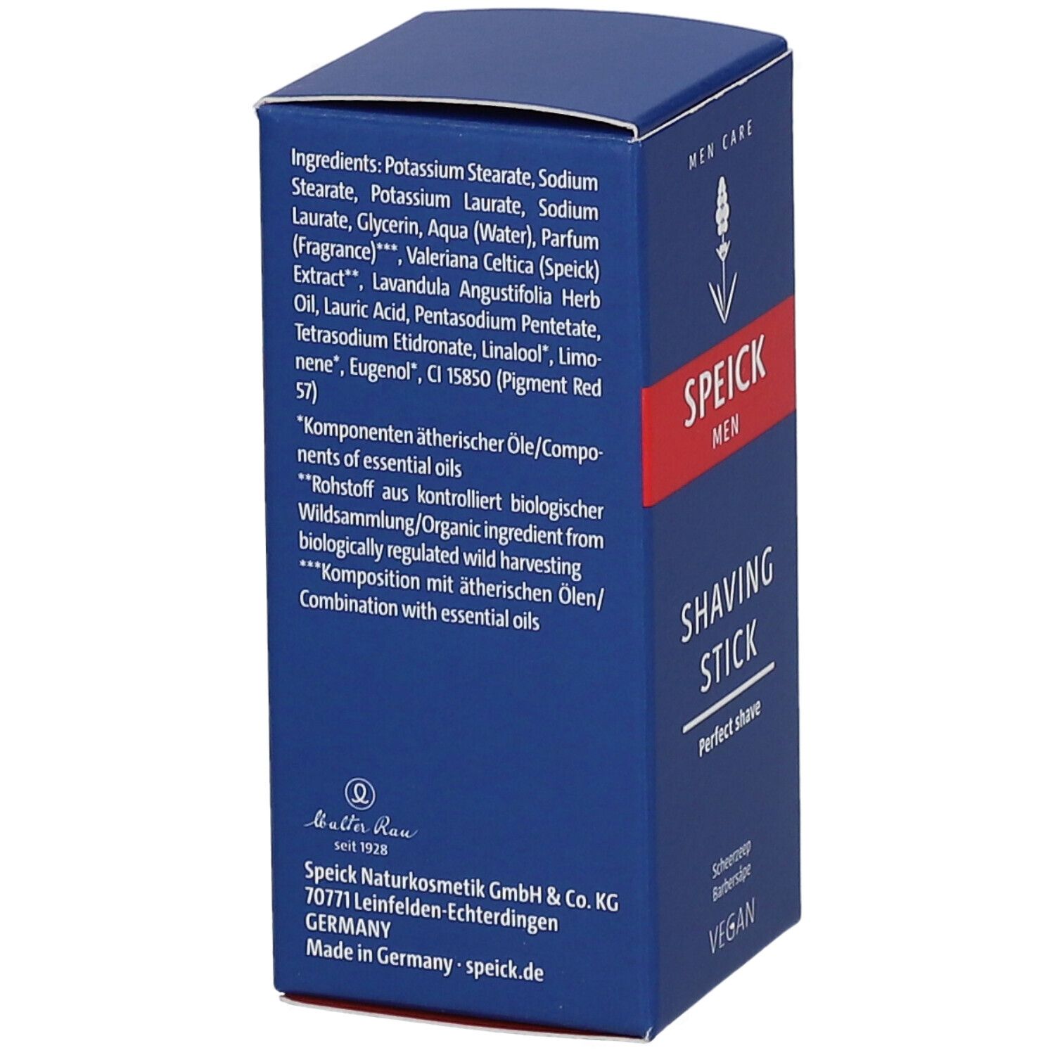 Boîte bleue SPEICK MEN Shaving Stick. Bande rouge avec texte blanc. Label Vegan. Ingrédients et informations du fabricant.