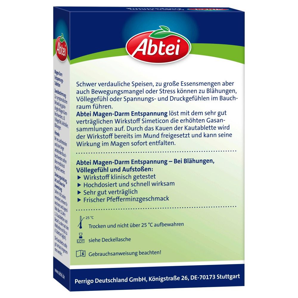 Dos de la boîte Abtei Magen-Darm Entspannungs-Tabletten. Informations textuelles, ingrédients, adresse du fabricant.