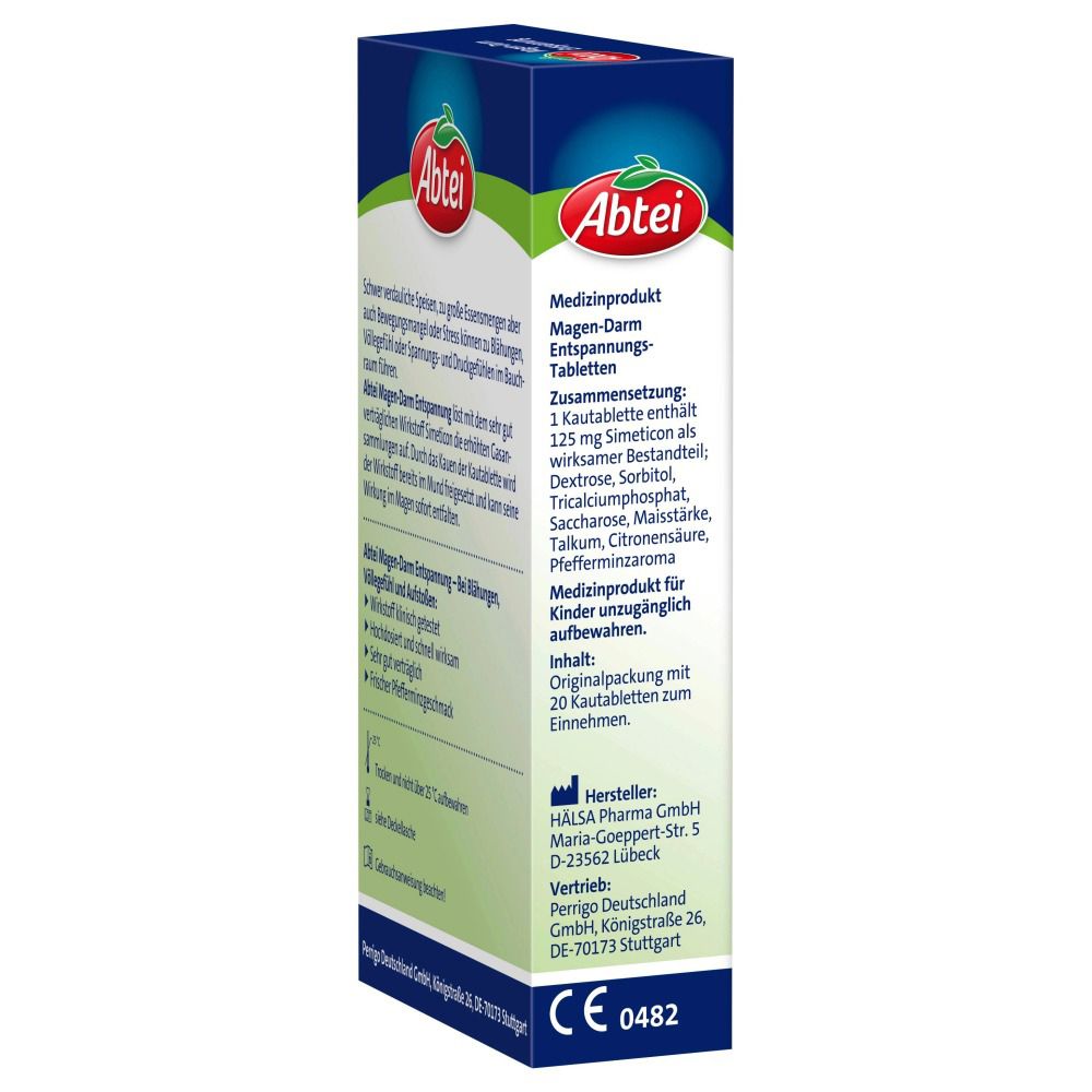 Vue latérale de la boîte Abtei Magen-Darm Entspannungs-Tabletten. Informations textuelles, ingrédients, fabricant.