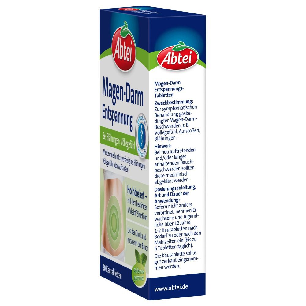 Vue latérale de la boîte Abtei Magen-Darm Entspannungs-Tabletten. Informations textuelles, dosage, instructions d'utilisation.