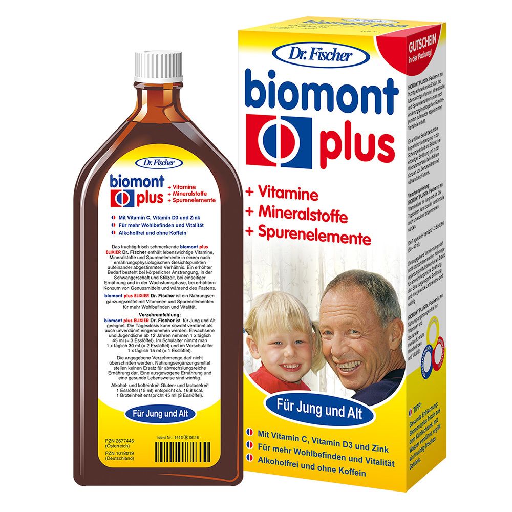 Bouteille marron avec bouchon blanc et étiquette. À côté, emballage avec nom du produit et photos de personnes.